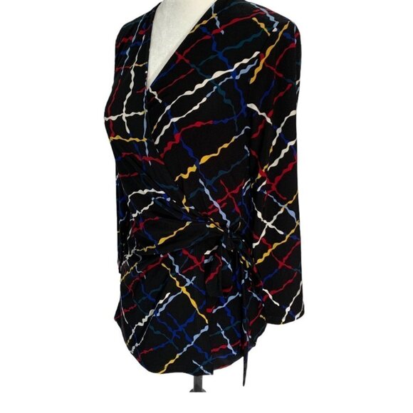 anne Klein🖤Cross Over V- Neck Top Black Geometric Design Size S - Picture 3 of 7